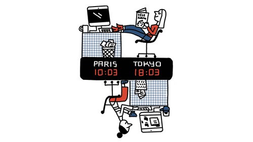 Illustration of Bodet clocks displaying Paris and Tokyo times with office workers.