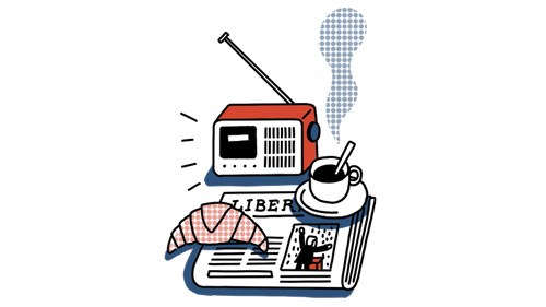 Illustration of a vintage red radio with coffee cup, croissant and newspaper.