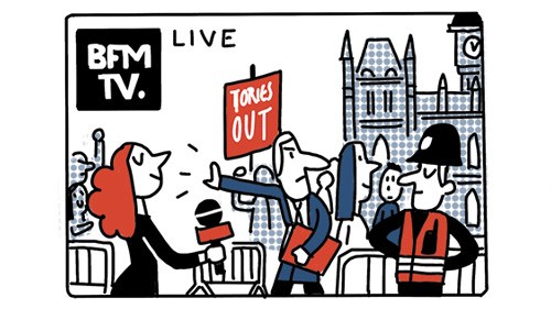 Illustration of BFMTV logo with broadcast studio scene and journalists