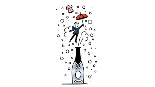 Illustration of a businessman popping out of a champagne bottle with an umbrella.