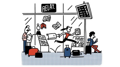 Illustration of a busy airport or train station Relay kiosk with travelers and magazines.