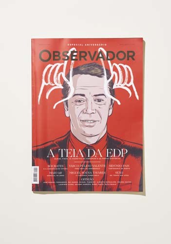 Observador magazine cover featuring a portrait illustration with text 'A TEIA DA EDP'