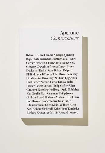 Aperture Conversations book cover featuring list of photographer names on tan background.