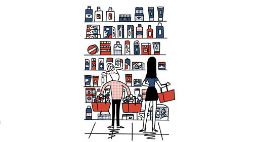 Illustration of two people shopping at a French pharmacy with shelves of products displayed above them.