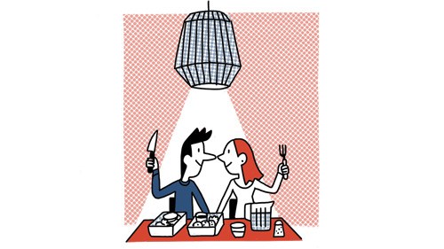 Illustration of two people dining at a table with a pendant light above, representing Nanashi restaurant.