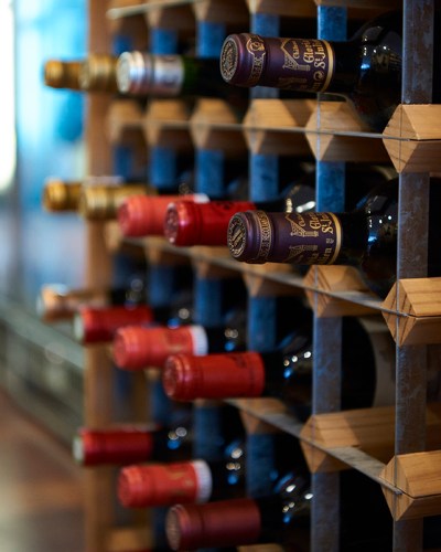 Interior of Philglas & Swiggot wine shop in London showing wine bottles and display shelves