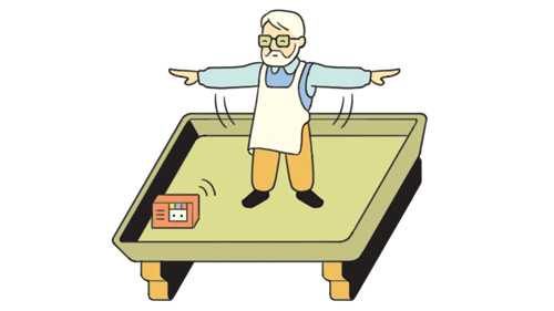 Illustration of an elderly man performing rajio taiso exercises on a platform with arms outstretched.
