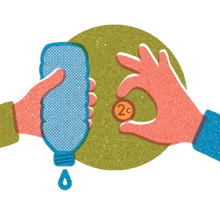 Illustration of two hands exchanging a coin over a circular green background with a yellow coin marked 2¢.