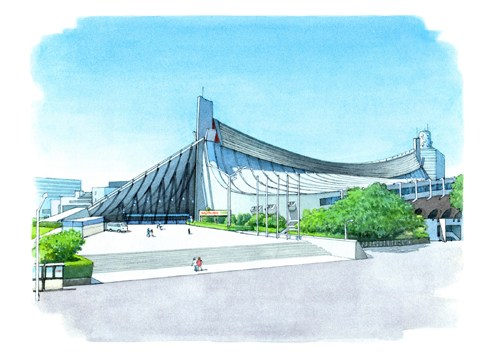 Interior view of Yoyogi National Stadium showing its iconic suspended roof structure