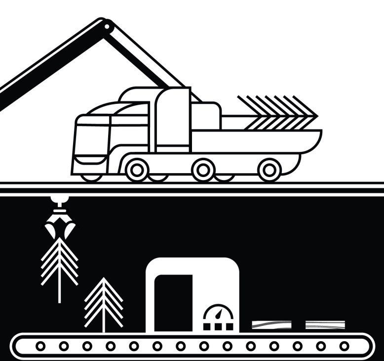 Illustration of timber logs being loaded onto a truck with a crane arm.