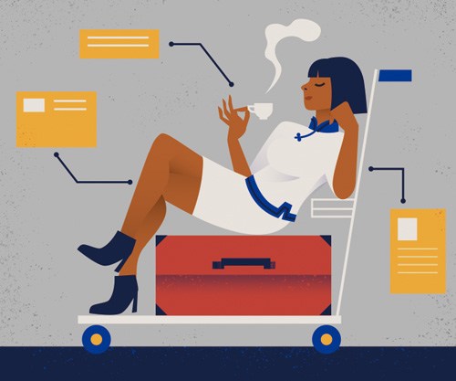 Illustration of a woman sitting in a chair working with documents and filing systems on a cart