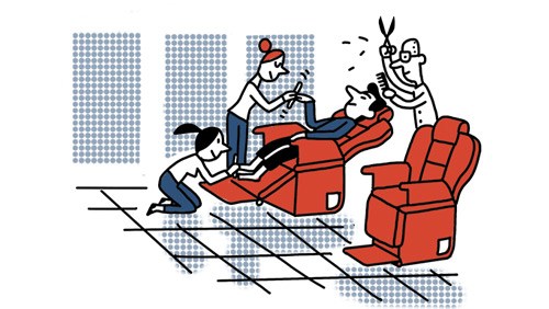 Illustration of people relaxing in red armchairs in a barbershop setting.