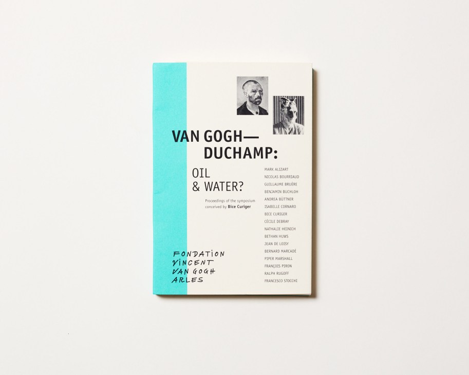 Van Gogh–Duchamp: Oil & Water? book cover with turquoise spine and cream pages featuring portraits.