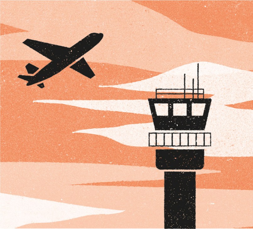 Illustration of an airplane flying past an airport control tower against an orange sky.