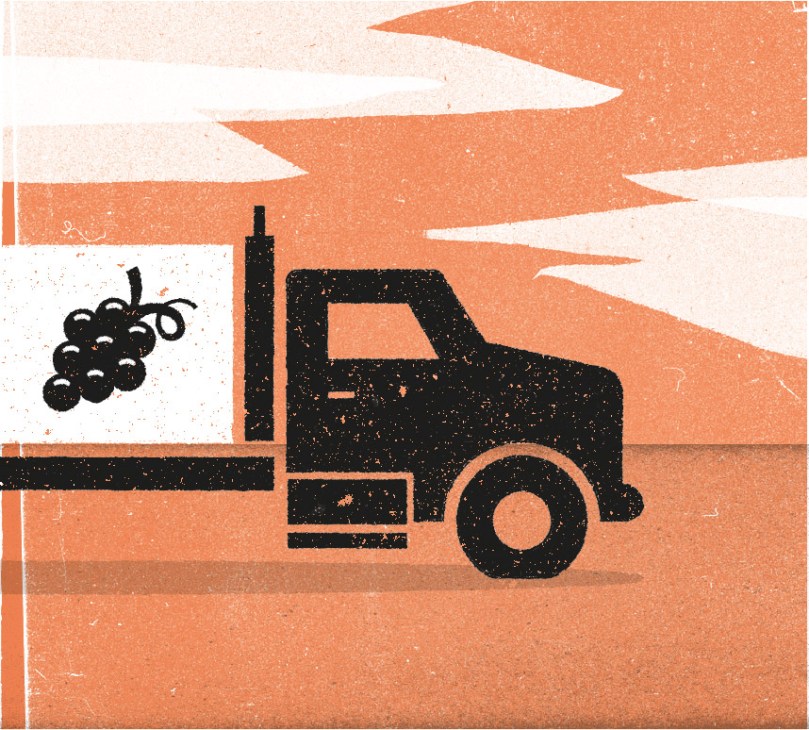 Illustration of a delivery truck carrying grapes against an orange sky.