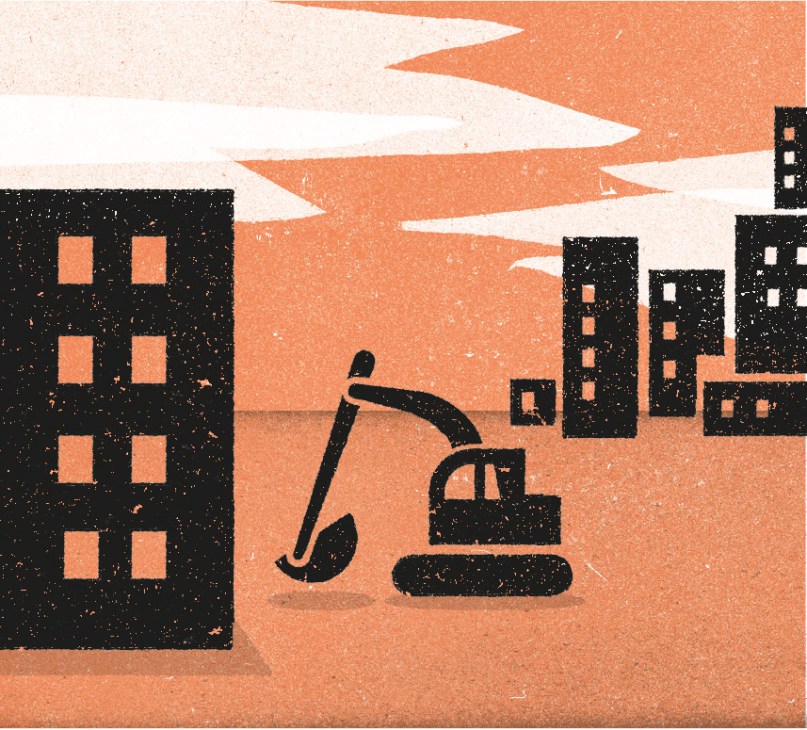 Illustration of construction worker with excavator and buildings under orange sky