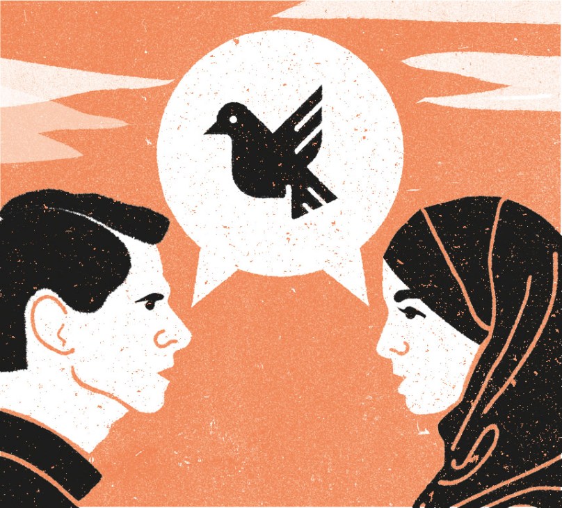Illustration of two people in profile facing each other with a speech bubble containing a peace dove symbol.