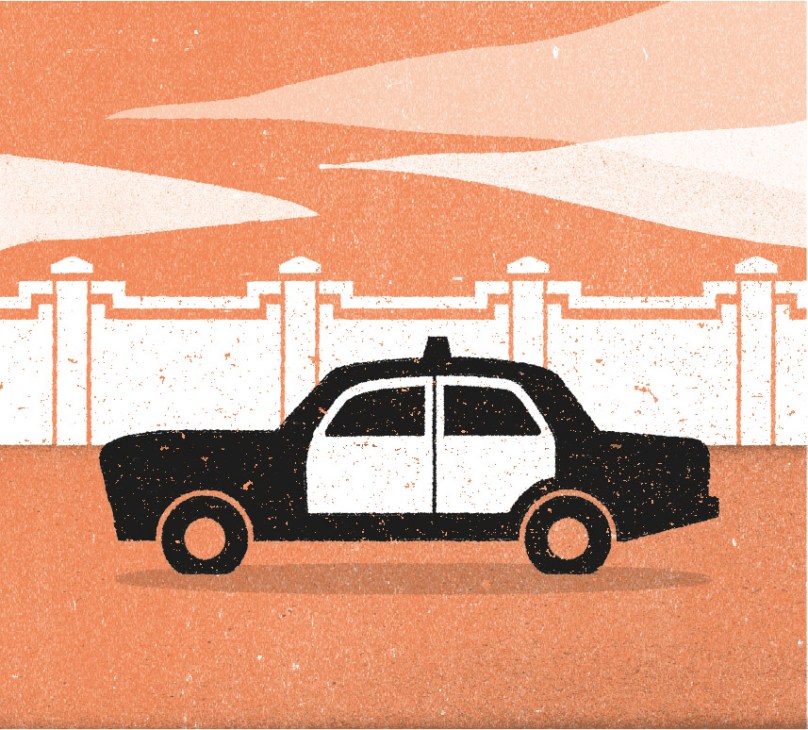 Illustration of a black and white car at a checkpoint with barrier gates under an orange sky.