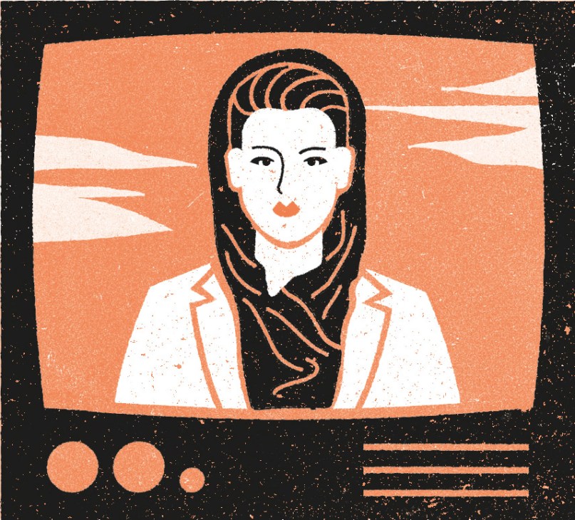 Illustration of a woman's face on a television screen with orange and black color palette.