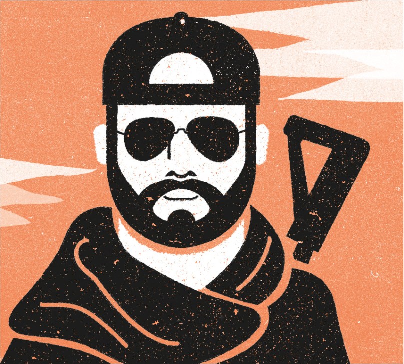 Illustration of a bearded man wearing sunglasses, a cap, and tactical gear against an orange background.