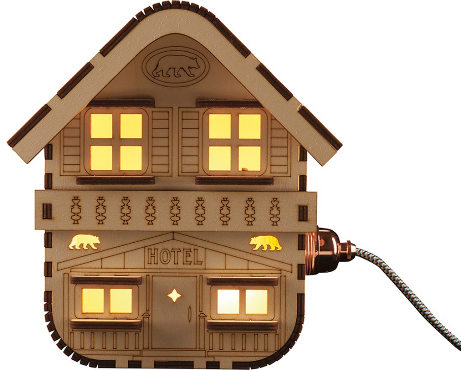 Hotel Bear wooden night light shaped like a house with illuminated windows and bear emblems.