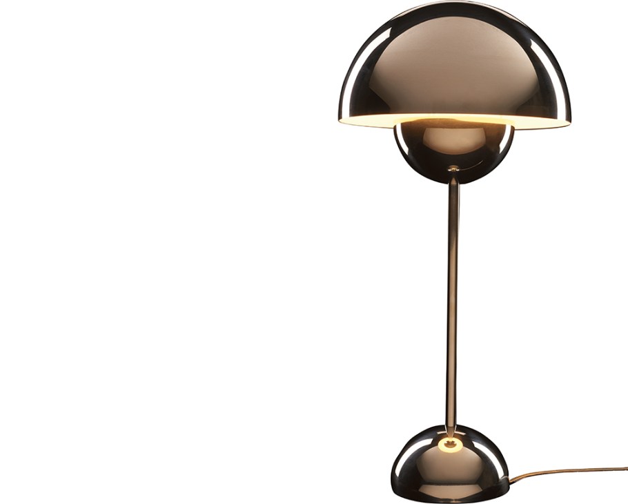 Verner Panton's Flowerpot table lamp with gleaming black spherical shade and brass stem.