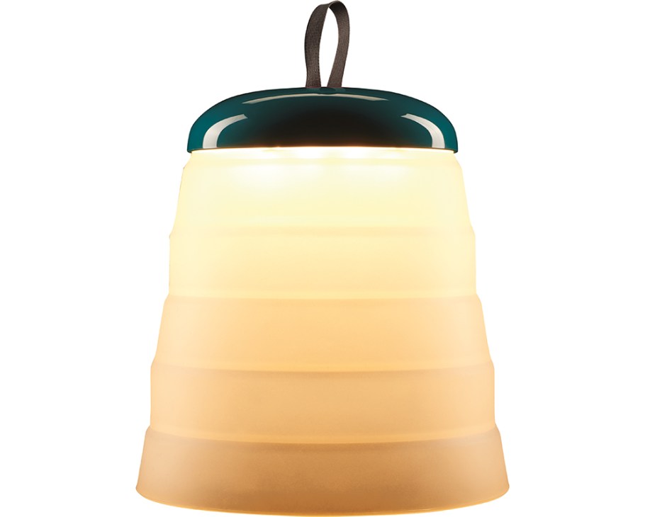 Foscarini wireless LED outdoor light with teal cap, fabric handle, and glowing silicone body.