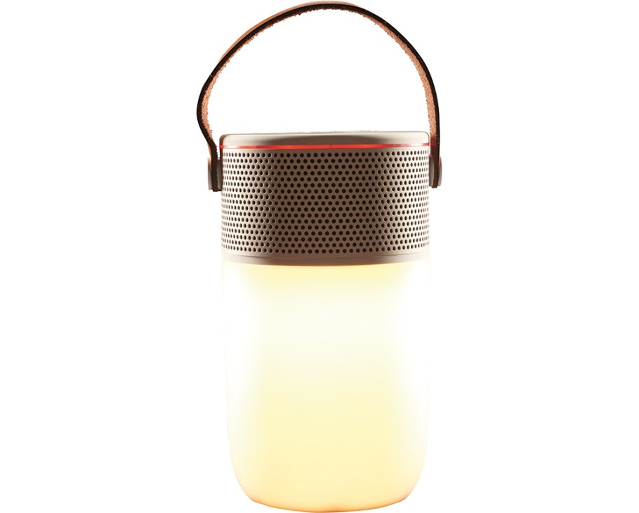 Kreafunk aGlow rechargeable speaker with perforated metal top and glowing base.