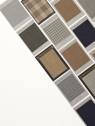 Fabric swatches displaying various textile patterns and colors including checks, plaids, and solid weaves in neutral tones.