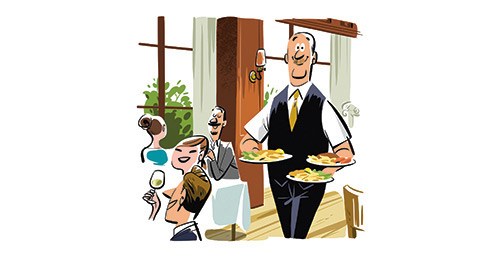 Illustration of a smiling bartender serving drinks to hotel guests in a bar setting.