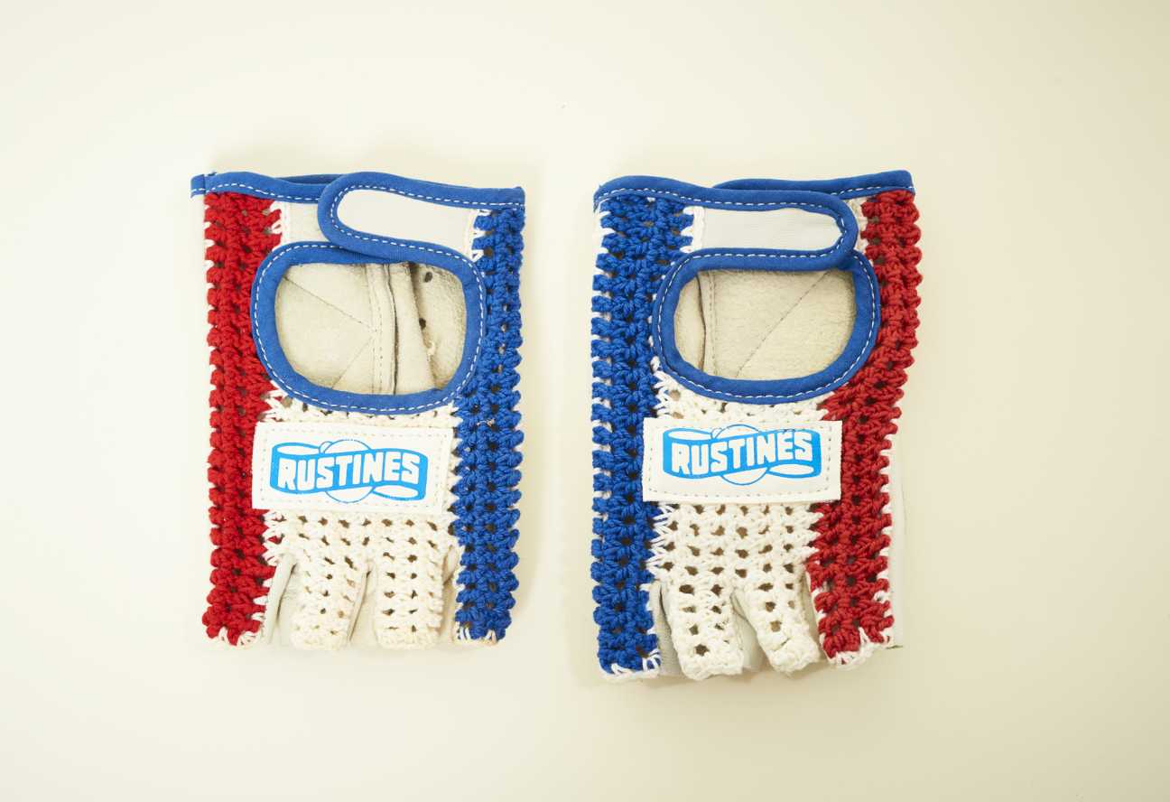 Rustines crochet cycling gloves in red, white and blue tricolor design with leather palm panels.
