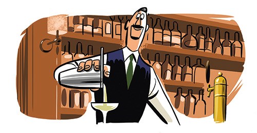 Illustration of a bartender in formal attire pouring a drink behind a bar with bottles displayed on shelves.