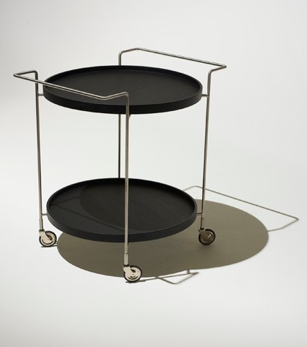 MP Trolley by Chris Martin for Massproductions, stainless steel drinks trolley with wooden trays