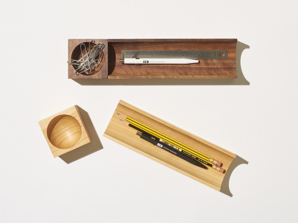 Wooden desk organiser with metal wire holder, ruler, and pencils displayed on white background.