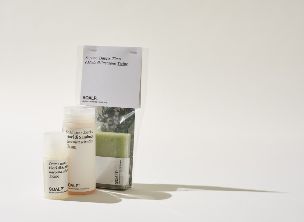 Soalp natural cosmetics collection featuring handmade soap bars and skincare products with forest and alpine scents.