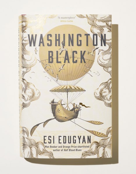 Book cover of Washington Black by Esi Edugyan featuring an illustration of a hot air balloon over a golden sun.