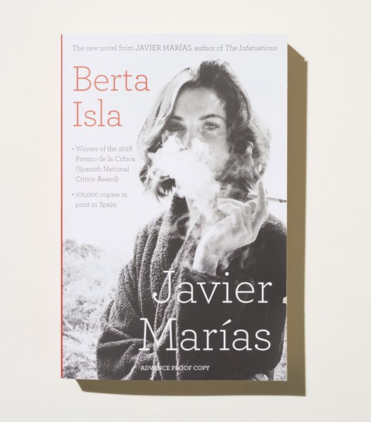 Book cover of 'Berta Isla' by Javier Marías featuring a black and white photograph of a woman's face.