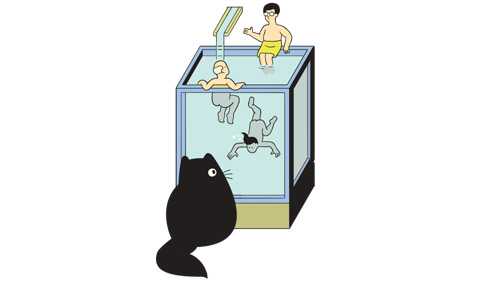 Illustration of a black cat watching children playing in an automatic bathtub filled with water.