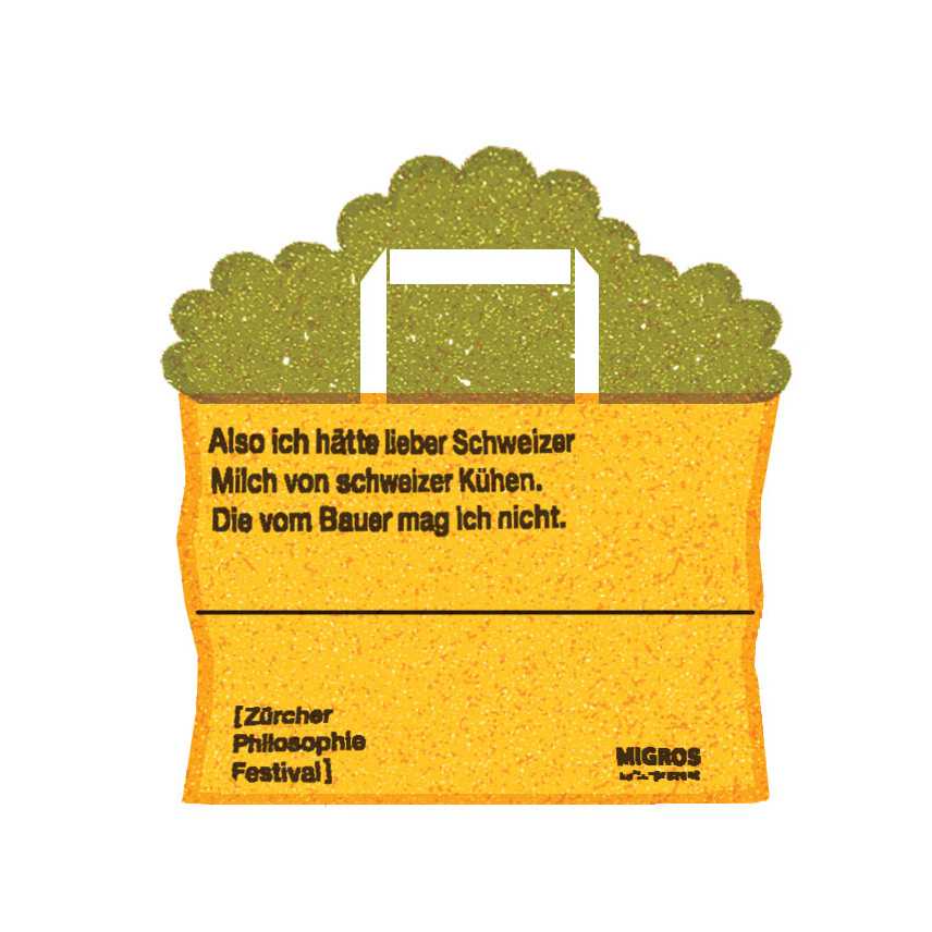 Yellow paper shopping bag from Swiss supermarket Migros printed with customer quotes about sustainability