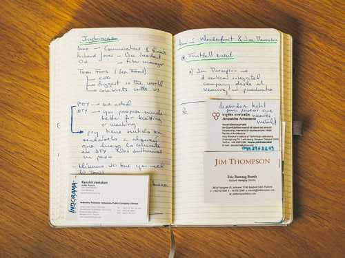 Open notebook with handwritten notes and business cards on a wooden surface.