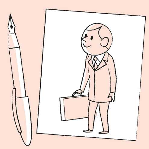 Line illustration of a man in business attire holding a briefcase next to a large fountain pen.