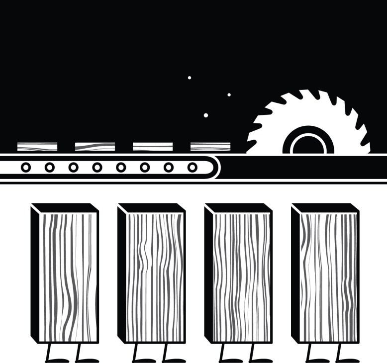 Illustration of lumber being cut to precise specifications on a conveyor belt with a saw blade.