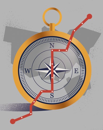Illustration of an orange compass with red directional lines overlaid on a gray background.