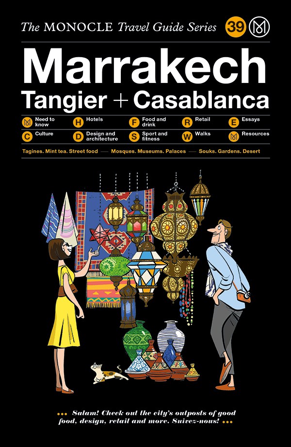 Monocle Travel Guide cover for Marrakech, Tangier and Casablanca featuring illustrated Moroccan design elements and figures.