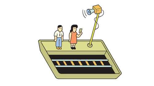 Illustration of two people standing on a platform with a railway station light and departure signal.