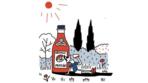 Illustration of Andros orange juice bottle with figure in French countryside scene