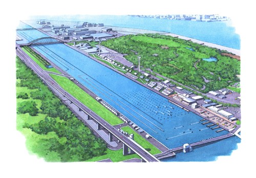 Aerial view of Umi no Mori artificial island with dense green forest covering reclaimed land surrounded by water