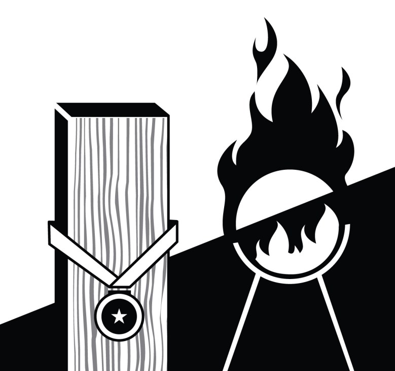 Illustration of a wooden beam with flames and a fire safety symbol for timber building construction.