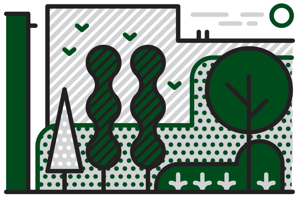 Illustration of a dense urban forest with twisted trees, greenery, and architectural elements in green and black.