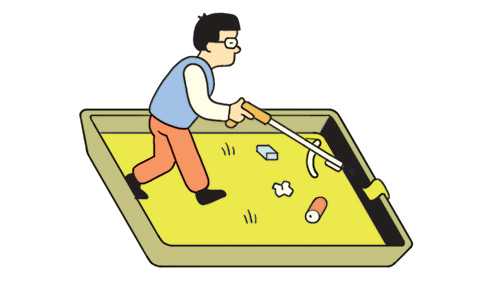 Illustration of a person sweeping litter from a yellow platform, depicting community volunteering.